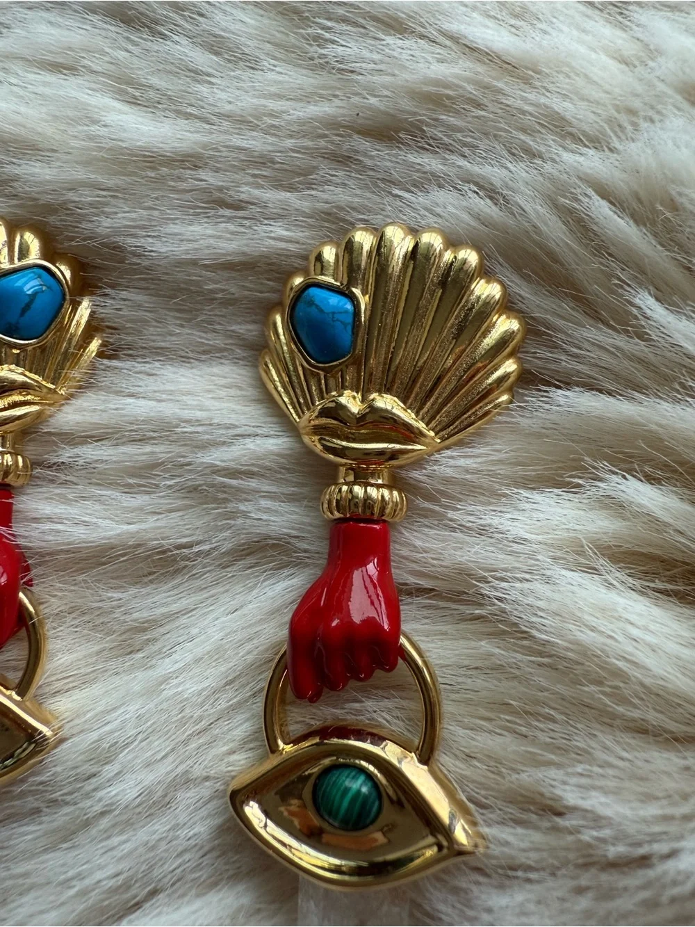 Gold Shell Drop Earrings with Red Hand & Blue and Green Stone Accents